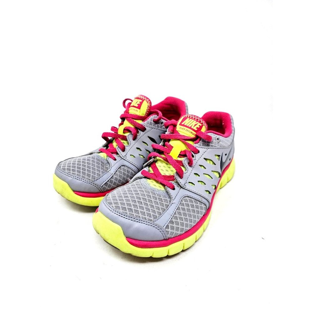 Nike Flex 2013 Run Gray/Pink/Neon Yellow Size 6.5 Used Athletic Trainer Shoes